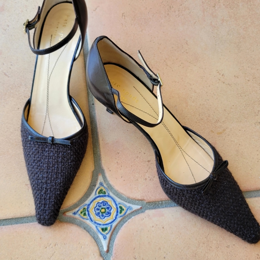 Vintage Kate Spade Tiny Leather Bow Point Toe Kitten Heels Black Size 7